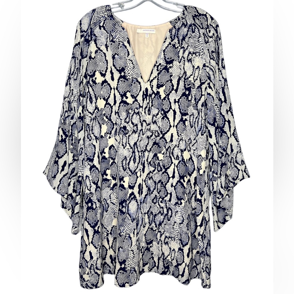 Lavender Brown 100% Silk Blue Snakeskin Dress with bell sleeves - Medium